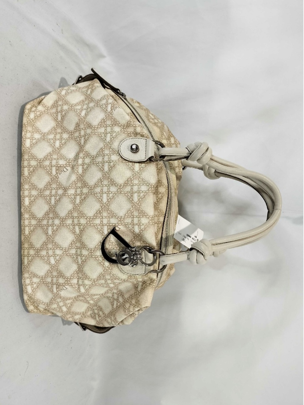 Dior Cream Cannage Canvas Boston Bag with Silver Dior Charms